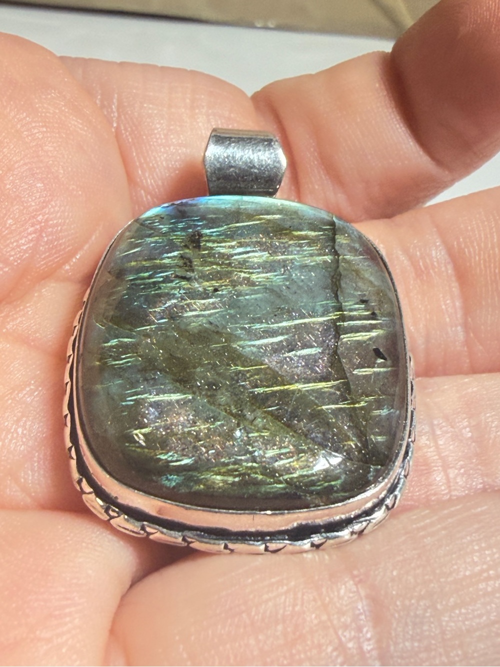 Labradorite Pendant | Teal Green Flash | Organic Rectangle | 2 Inches - Picture 3 of 9